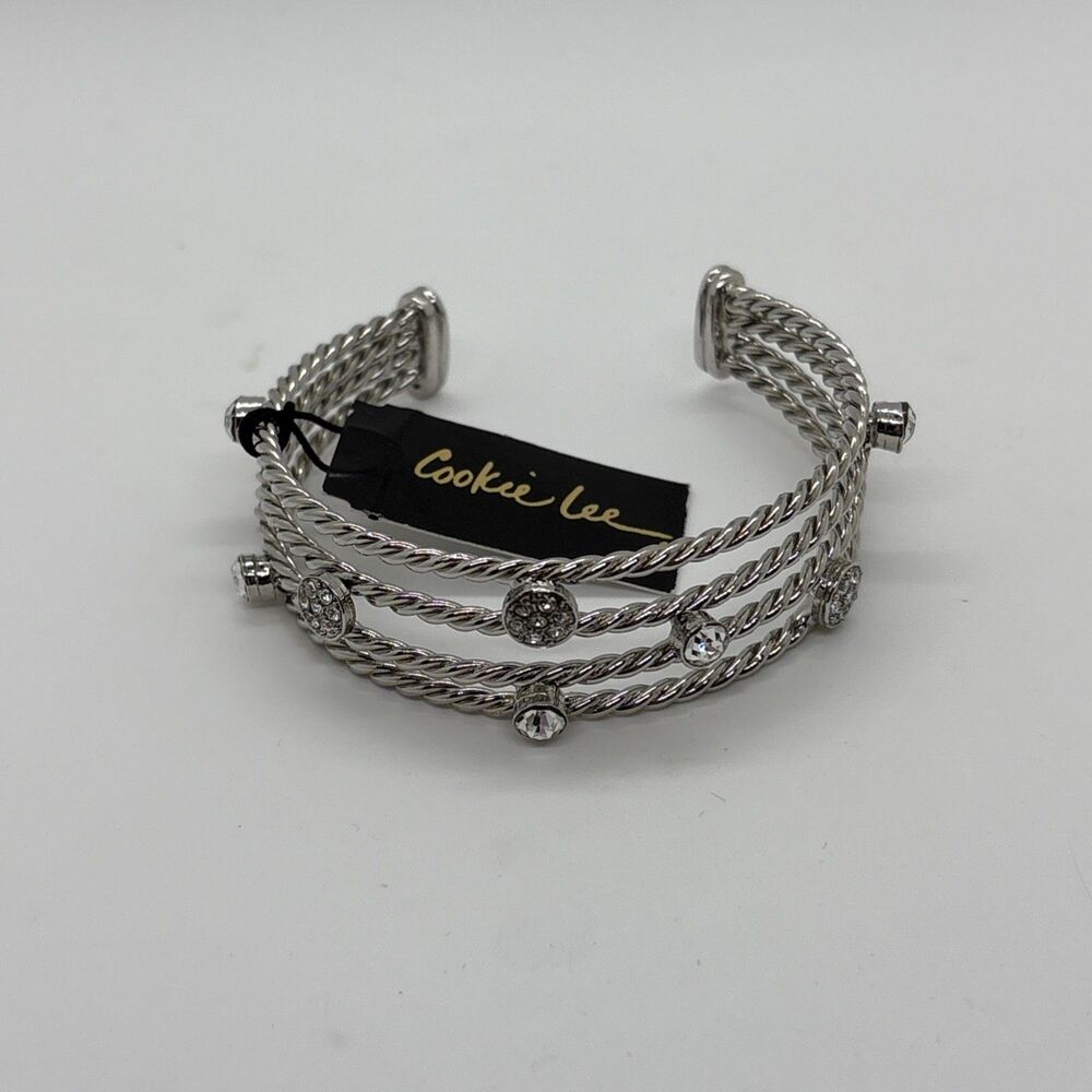 Cookie Lee Crystal Set Cuff Bracelet Twisted Silver Tone Metal Bands
